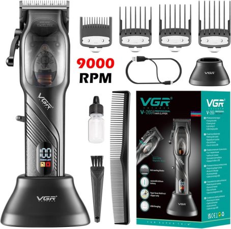 VGR V-269 profesionální zastřihovač vlasů a vousů – T-čepel, LED displej, nabíjecí stanice