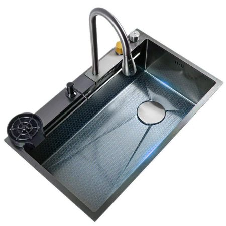 Multifunkční kuchyňský dřez, 68 × 45 cm – s integrovaným oplachovačem sklenic, otočný o 360°, výsuvná baterie s vodopádovou funkcí