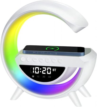 Mini multimediální Bluetooth reproduktor, bezdrátová nabíjecí podložka, budík, RGB LED lampa