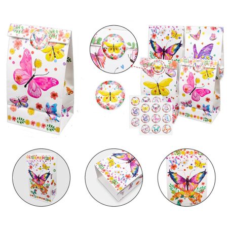 Sada 48 kusů Butterfly Party – dárkové taštičky, klíčenky, náramky a samolepky