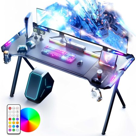 Dowinx RGB herní stůl 140×60 cm – černý, s držákem na nápoj, držákem na sluchátka a dálkovým ovládáním