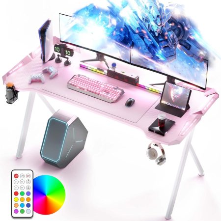 Dowinx RGB herní stůl 120×60 cm – růžový, s držákem na nápoj, držákem na sluchátka a dálkovým ovládáním
